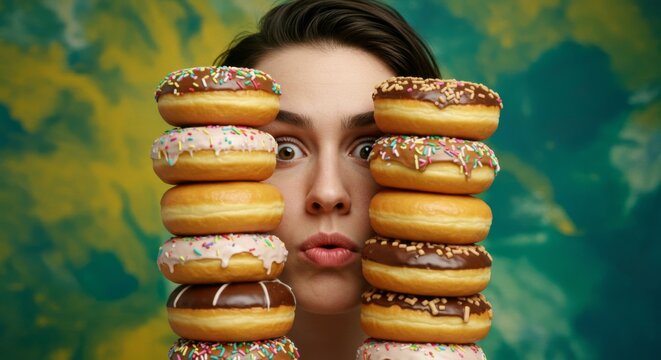 face covered obstructed and surrounded by Donut Pastry Dessert, expressive Bakery Junk Food concept