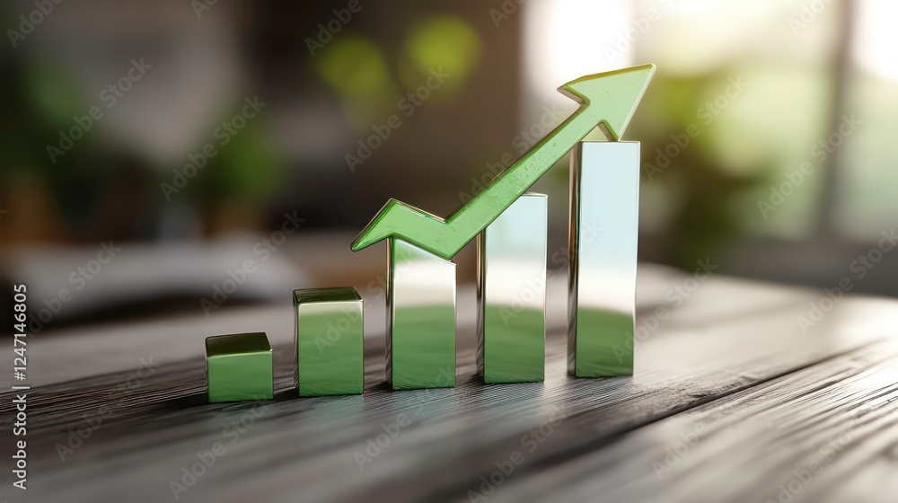 Aufkleber 3d render of ascending bar graph with green up arrow - positive growth and progress concept