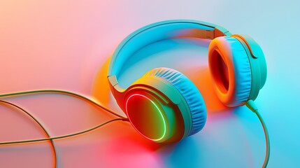 A pair of vibrant noise-canceling headphones with glowing earcups, placed neatly on a polished white surface.