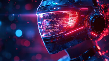 Character with high-tech visor engages in futuristic gameplay surrounded by vibrant digital elements