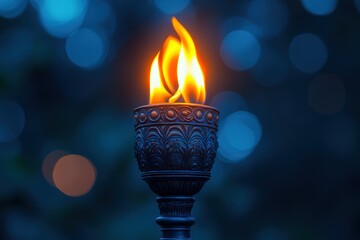 Glowing flame atop an ornate torch set against a blurred deep blue background creates an atmosphere of warmth and mystery