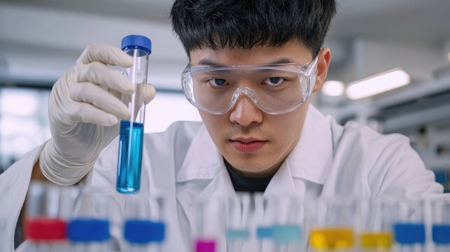 A focused scientist in a lab holds a test tube filled with blue liquid, surrounded by various colored samples, highlighting precision in experimentation.