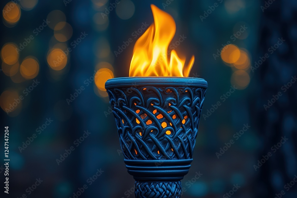 Poster burning flame in an ornate black metal torch providing light against a dark bokeh-filled background 