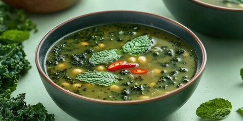 A nutritious vegetable soup with greens, lentils and herbs.