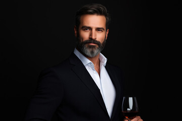 Man in formal attire holding a glass of red wine against a dark background