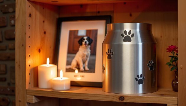 Elegant metal pet urn with engraved paw prints and personalized nameplate.