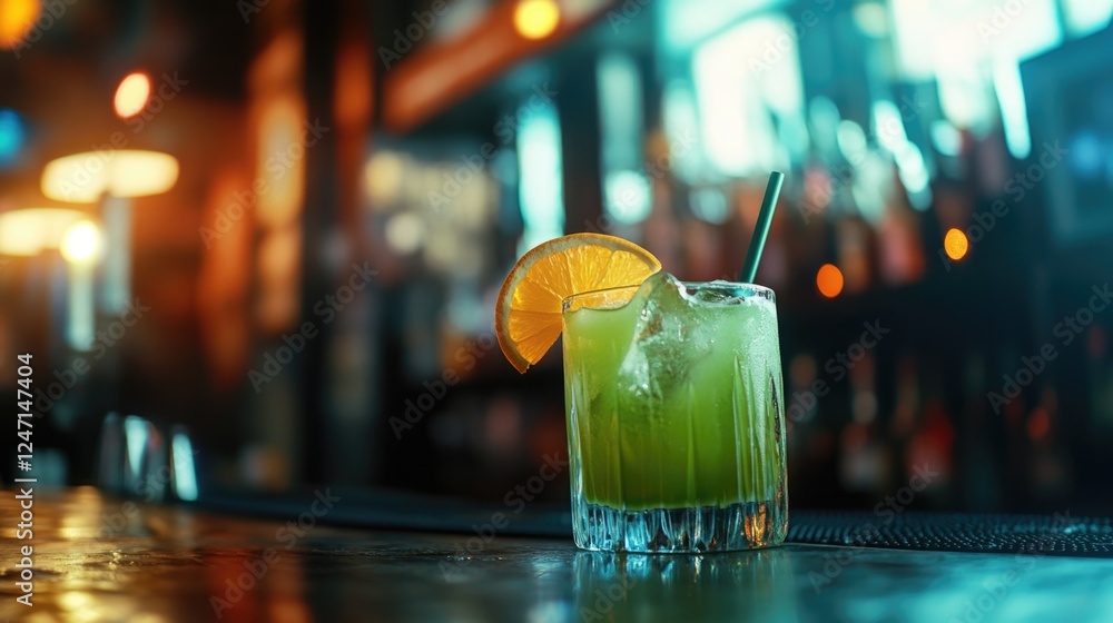 Poster a glass of refreshing juice with ice and a slice of lemon on the side, sitting on a bar top.
