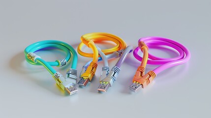 A set of colorful ethernet cables with metallic connectors, coiled neatly on a plain white backdrop.