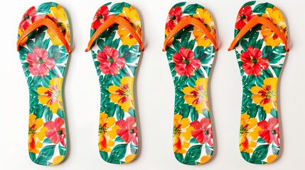 A set of bright summer sandals with floral designs, arranged symmetrically on a pristine white backdrop.