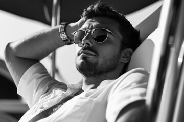 A man lounging on a chaise lounge under an umbrella
