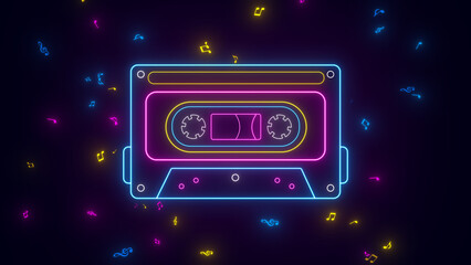 Fototapeta premium neon lights retro cassette tape and music notes flying ,music song nostalgic background 