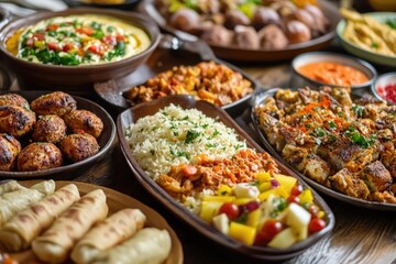 A table full of various ethnic foods, including rice dishes, stuffed peppers, meatballs, salsa, baklava, and more.