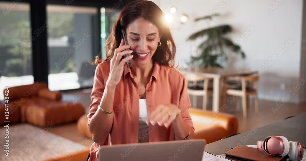 Poster phone call, creative and woman with laptop, smile and schedule with client for project and web desig