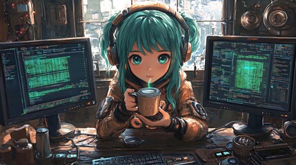 Cute anime hacker in a hoodie sipping coffee surrounded by monitors and code in a cozy tech-filled room at night