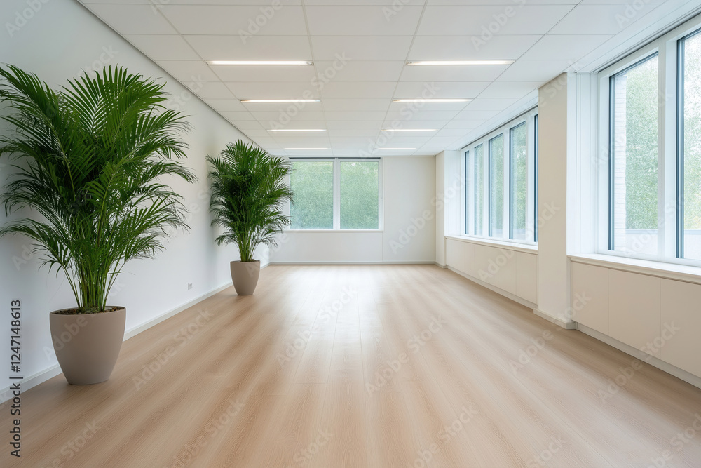 Poster modern workspace with large windows and greenery in an inviting atmosphere