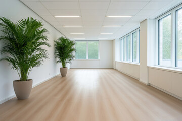 Modern workspace with large windows and greenery in an inviting atmosphere