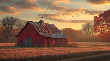 Fototapeta premium Rustic red barn autumn sunset field birds