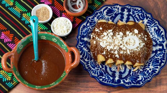Mexican woman prepares chicken mole enchiladas decorated with onion slices