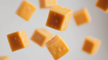 Vibrant cheese cubes falling with a droplet effect, showcasing texture and freshness.