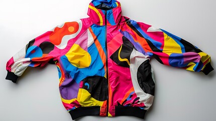 A sleek windbreaker jacket with vibrant patterns, spread out on a spotless white background.