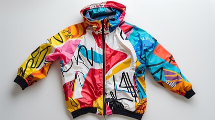 A sleek windbreaker jacket with vibrant patterns, spread out on a spotless white background.