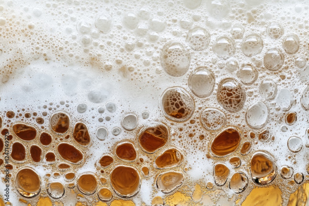Poster detailed macro shot captures the complexity of beer foam and bubbles, showcasing the unique textures