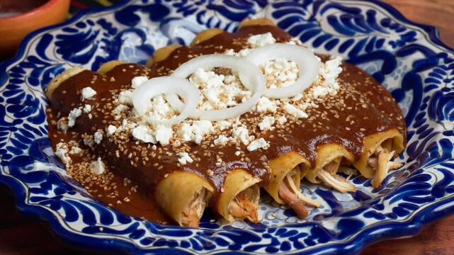 Placing a Talavera plate with chicken enmoladas or enchiladas
