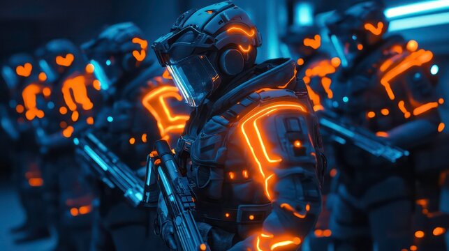 Advanced soldiers stand in formation, their high-tech gear glowing in electric orange and blue. The setting evokes a sense of modern warfare and intensity