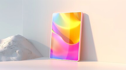 A vibrant e-reader with a dynamic display and colorful protective case, centered on a smooth white surface.