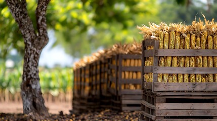 Harvested corn cobs stacked in wooden crates under a tree in a sunny field background