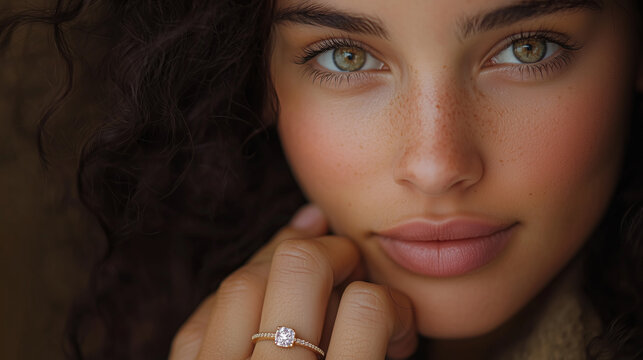 A woman&rsquo;s delicate hand with a sparkling diamond ring, elegantly posed in soft lighting for a luxurious jewelry showcase.