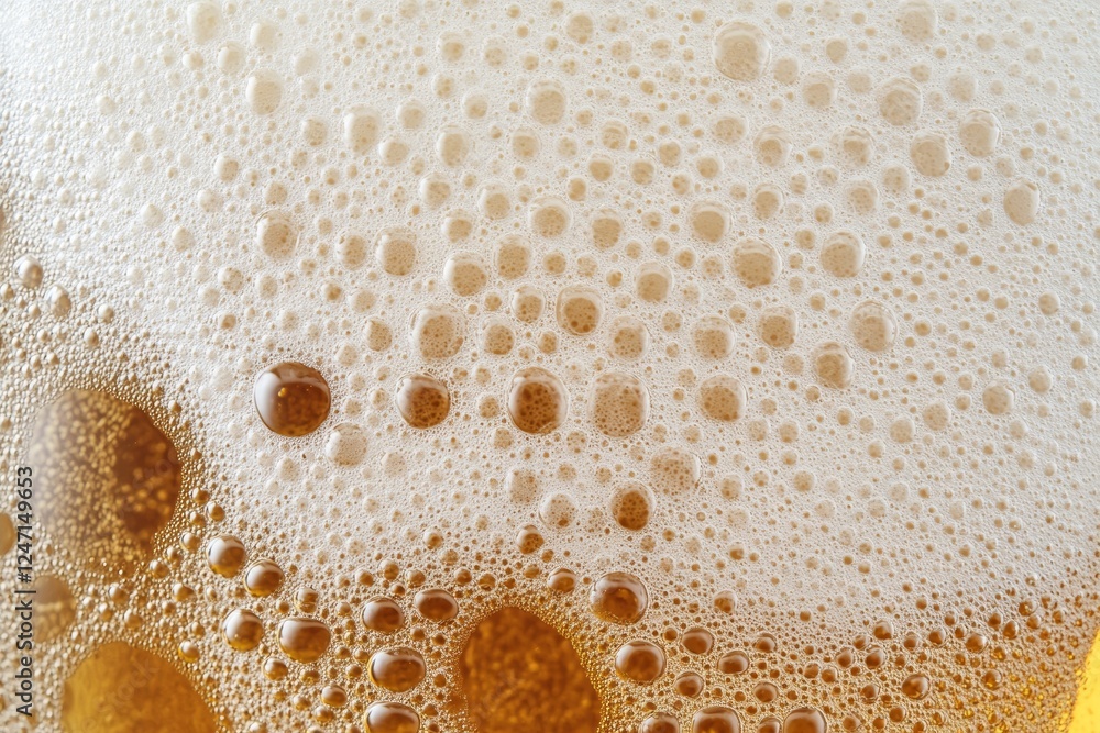 Poster detailed close-up of beer foam capturing the complex patterns and bubbles, showcasing the creamy tex