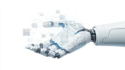 Futuristic robotic hand interacting with digital data and holograms.