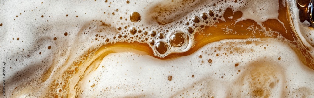 Poster textured foam and bubbles create an artistic display, capturing the essence of freshly poured beer. 