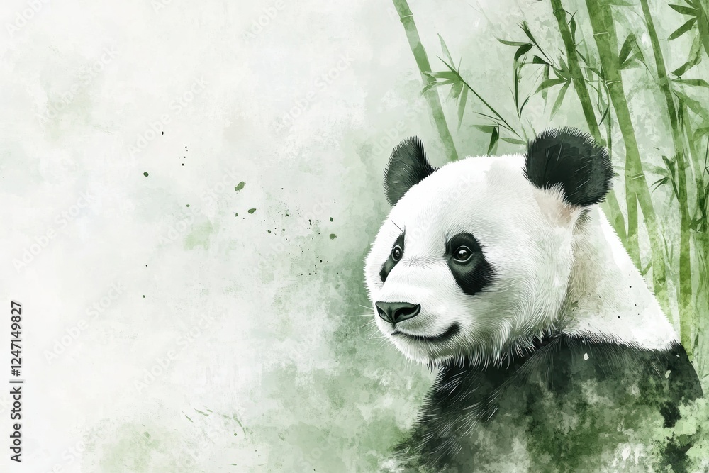 Poster watercolor illustration of a panda surrounded by bamboo in a serene natural setting during daylight.