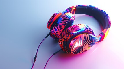 A vibrant gaming headset with bold patterns and glowing accents, lying flat on a clean white surface.