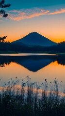 Obraz premium The silhouette of trees on the shore, reflecting in the calm waters at sunset 