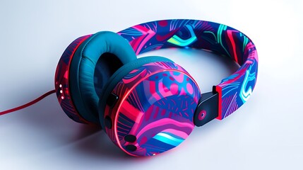 A vibrant gaming headset with bold patterns and glowing accents, lying flat on a clean white surface.