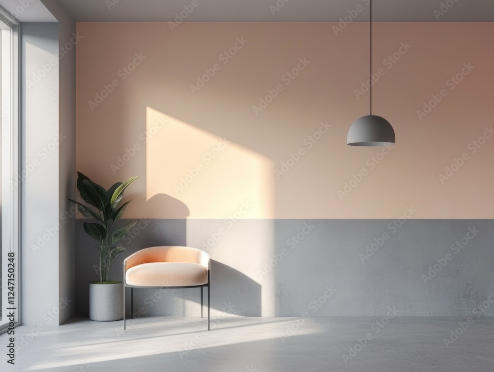 Poster simplicity meets modern design in this room with gray and pink walls. natural light filters through 