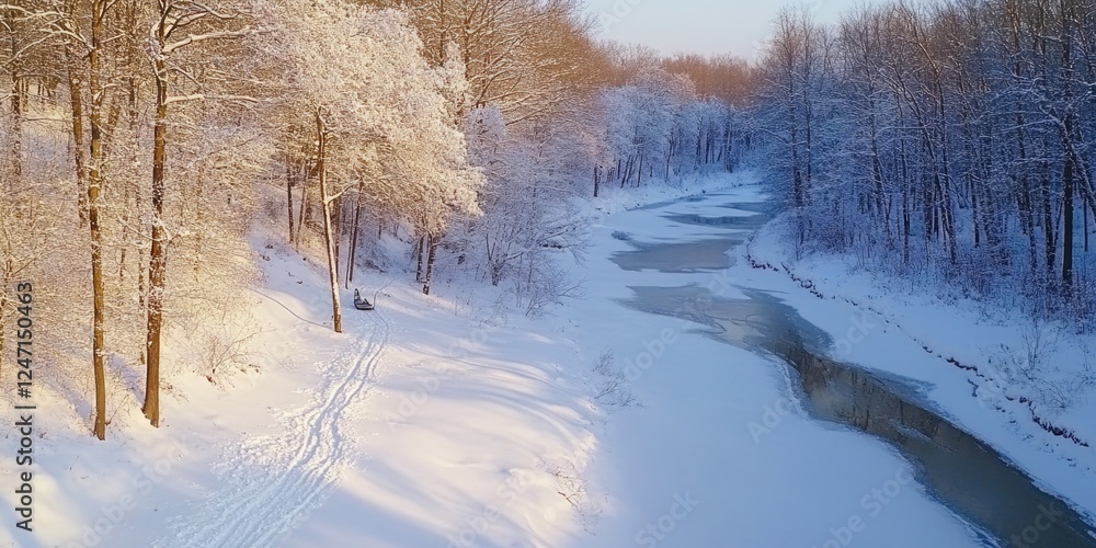 Poster a snowy river with a bench in the snow. the bench is empty. the snow is white and the trees are bare