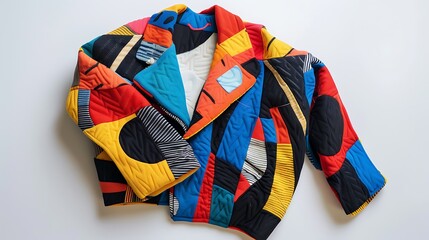 A vividly designed jacket with bold, multicolored patches, neatly folded on a seamless white surface.