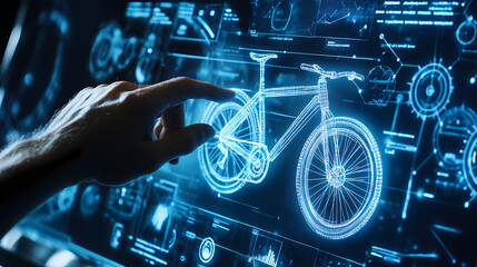 Obraz premium Hand touching a hologram of a bicycle on a digital screen, a futuristic interface with data and information flow lines for bike design planning or the mechanical parts industry