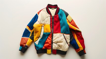A vividly designed jacket with bold, multicolored patches, neatly folded on a seamless white surface.