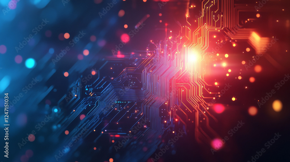 Poster a brightly glowing ai chip integrated into a light circuit board, set against a blue technology back
