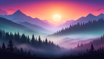 Traumhafte Landschaft mit Nebel und Sonnenuntergang in leuchtenden, warmen Farbt&ouml;nen