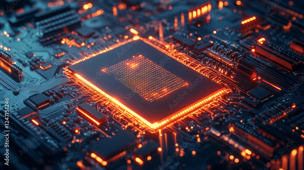 Poster a brightly glowing ai chip integrated into a light circuit board, set against a blue technology back