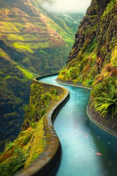 Levada auf der Insel Madeira bietet eine Kaskade mit Treppe und Stufen, eine altenative Wasserversorgung und ein Kanal, die an 25 Fonten entlangf&uuml;hren. Rabacal bietet Trinkwasser aus dem Stein, und