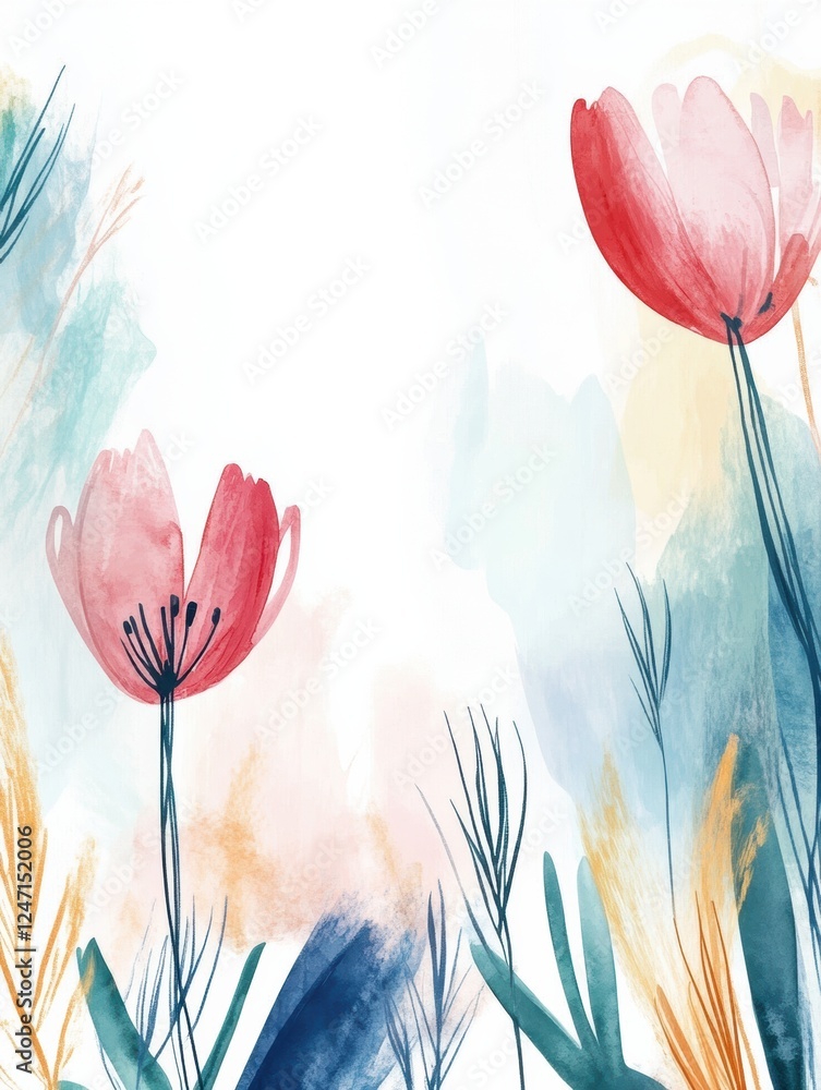 Poster delicate watercolor illustration of blooming flowers in a serene setting surrounded by soft hues. ge