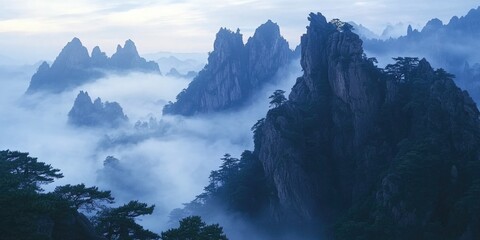 Stunning mountain landscape with fog and mist, ideal for hiking or nature walks.