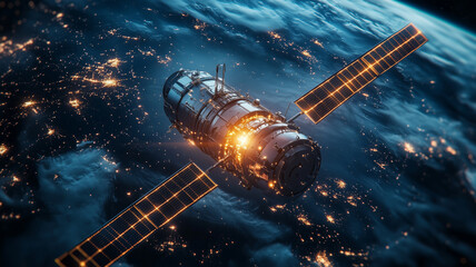 Futuristic quantum satellite orbits Earth illuminating the night sky